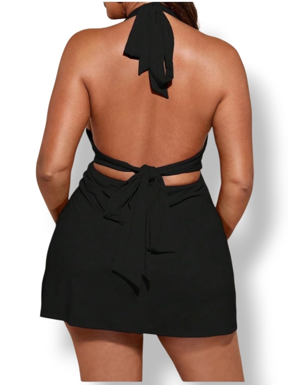 FLOERNS - XXL Black Halter Mini Dress - V-Neck Flared Skirt - Picture 4 of 11